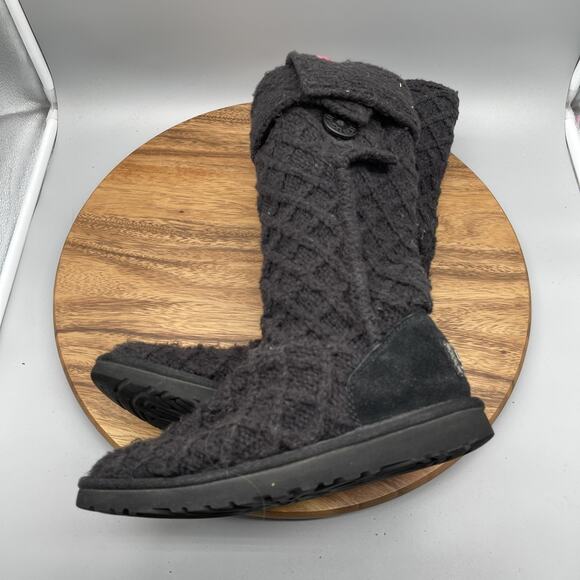 UGG Australia Boots Womens Size 7 Black Lattice Cardy Button Knit Tall 3066 - Picture 3 of 7